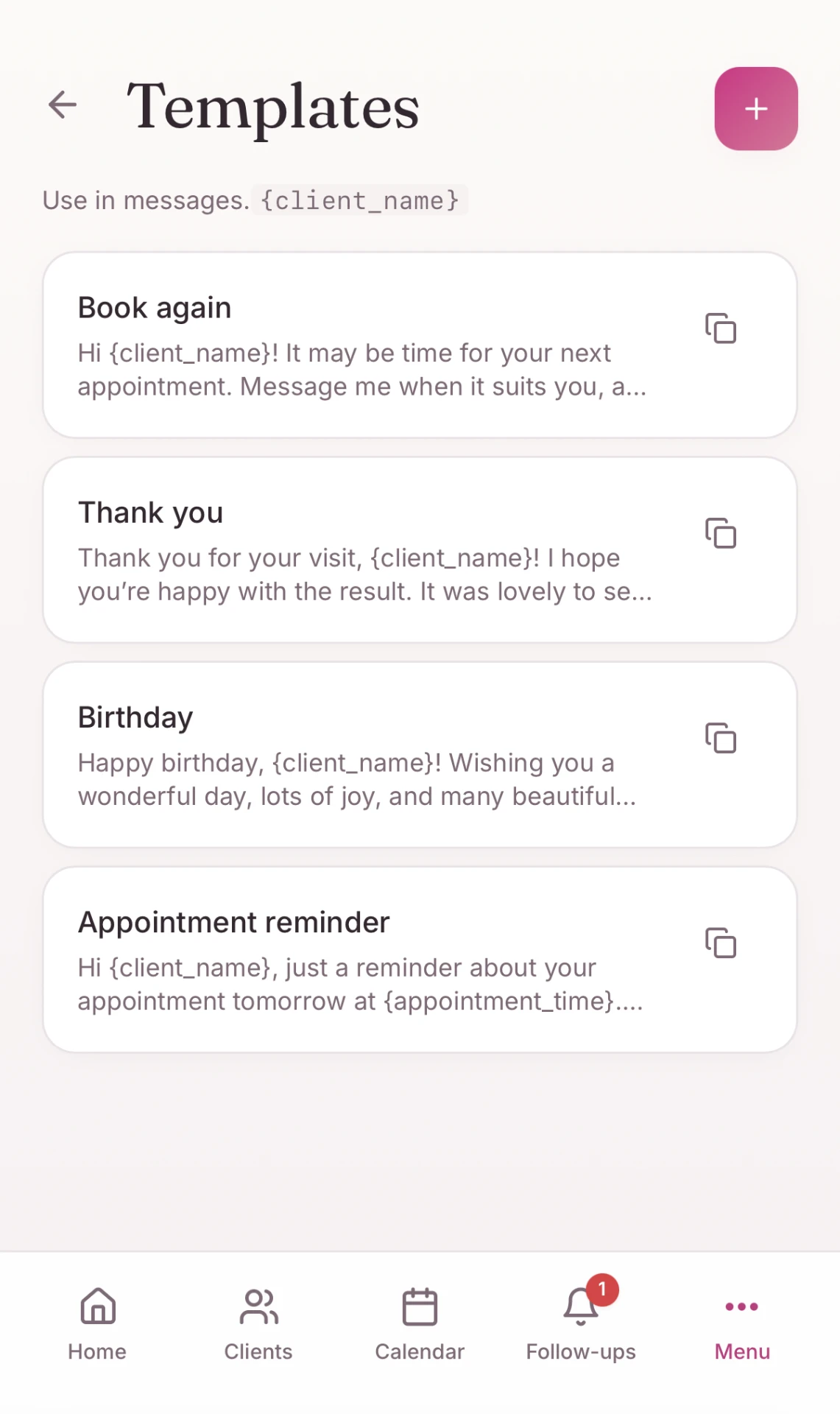 Rebooky message templates for booking again, thank you and appointment reminders.