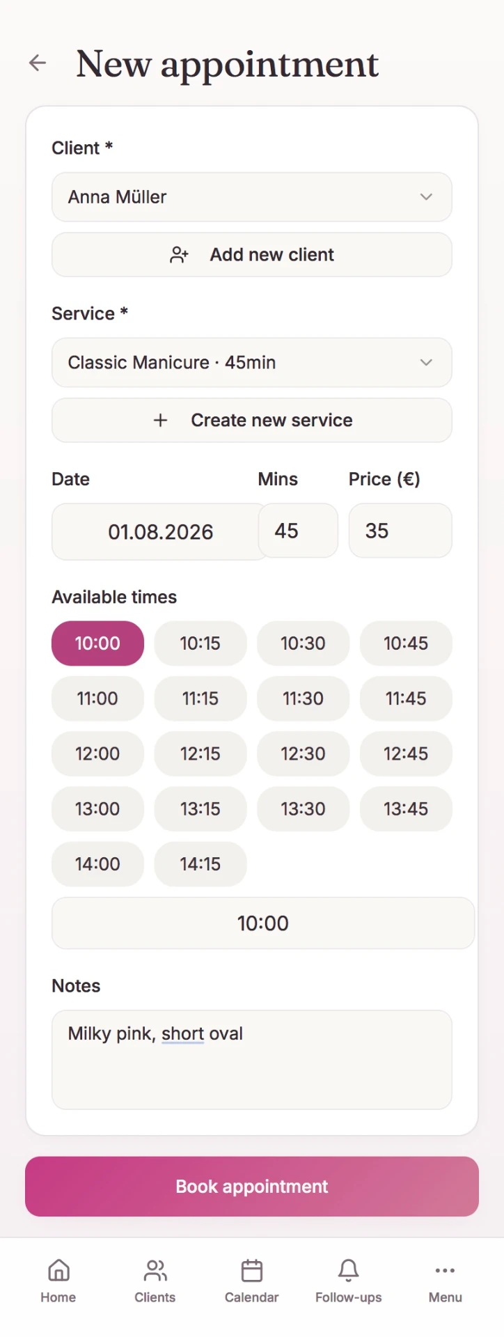 Rebooky new appointment form with client Anna Müller, Classic Manicure, date, duration, price, available times and notes.