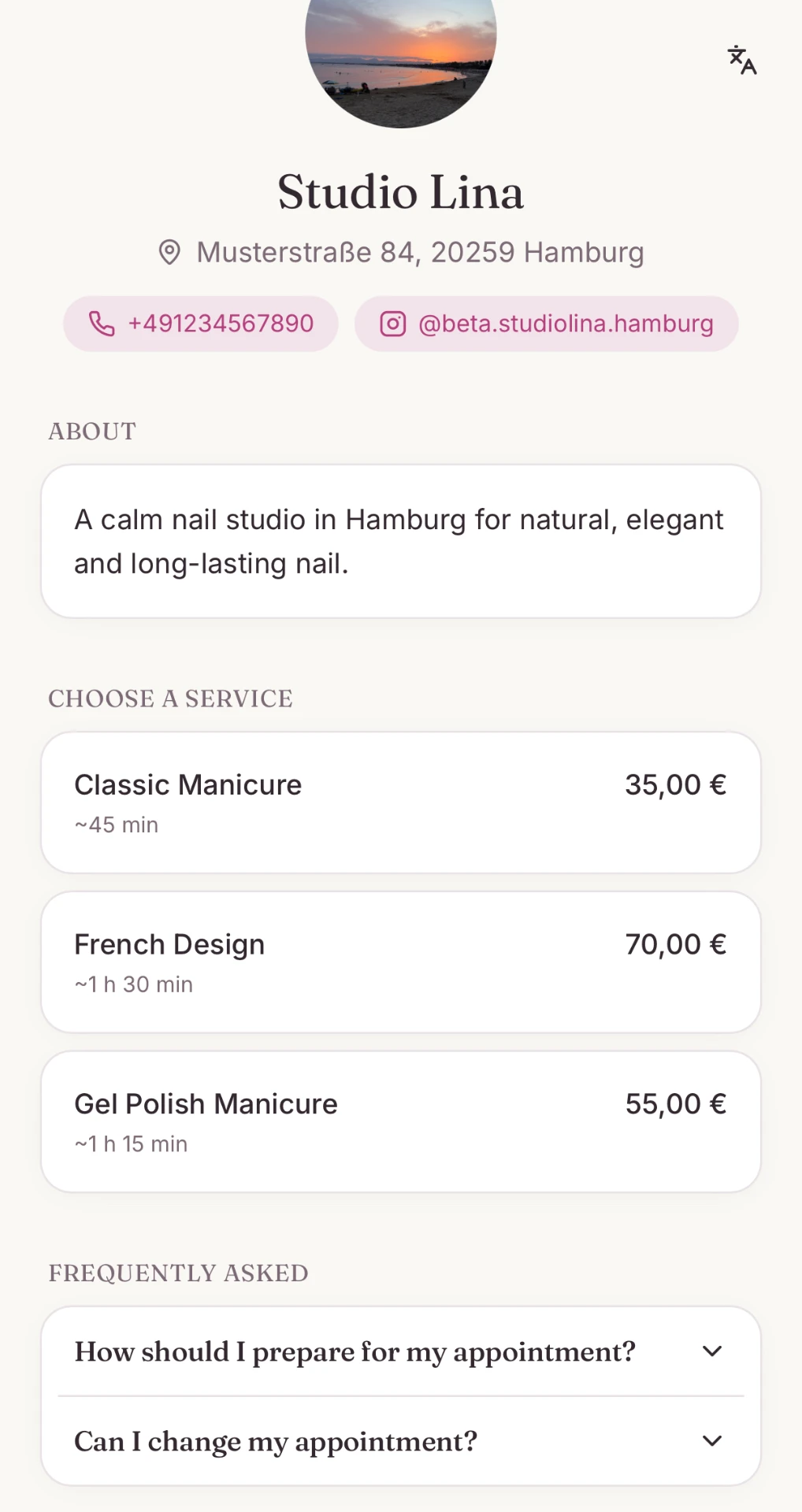Public Rebooky booking page for Studio Lina in Hamburg with contact details and three bookable services with prices and durations.