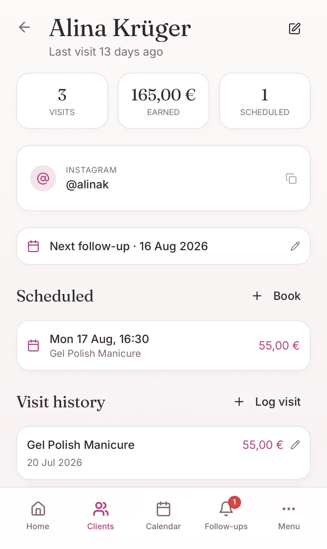 Rebooky client profile showing visits, the scheduled appointment, the next follow-up date and visit history.