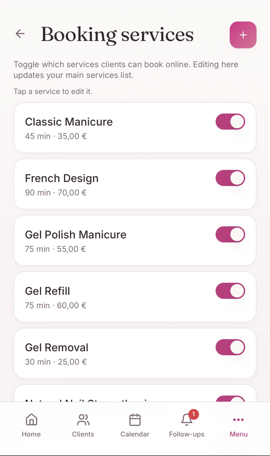 Rebooky booking services screen listing services with duration, price and a toggle for online booking.