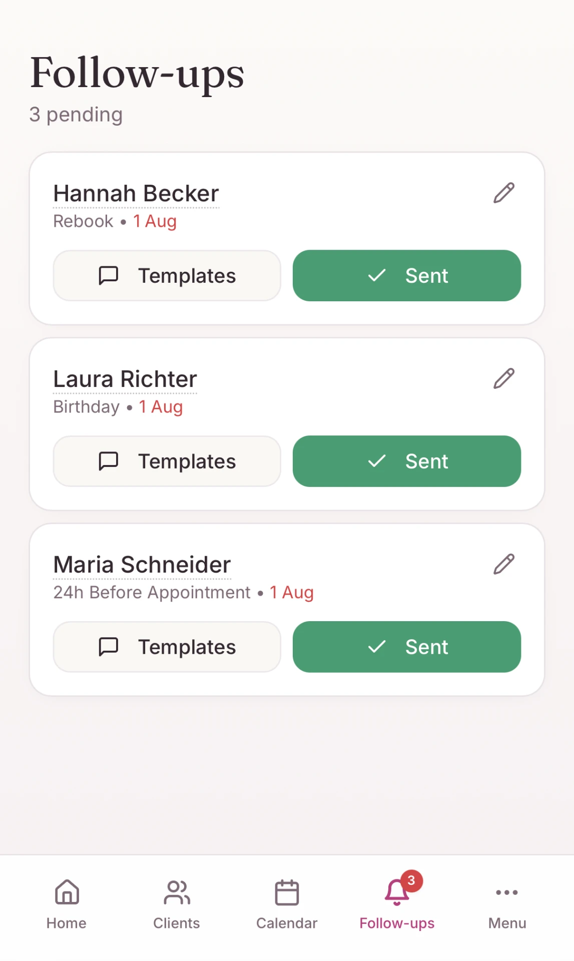 Rebooky follow-ups screen with three pending follow-ups and message templates.